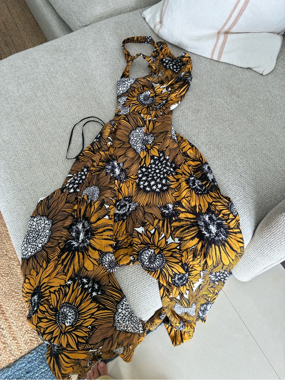 Sunflower-Print Halter Romper in Golden Yellow
